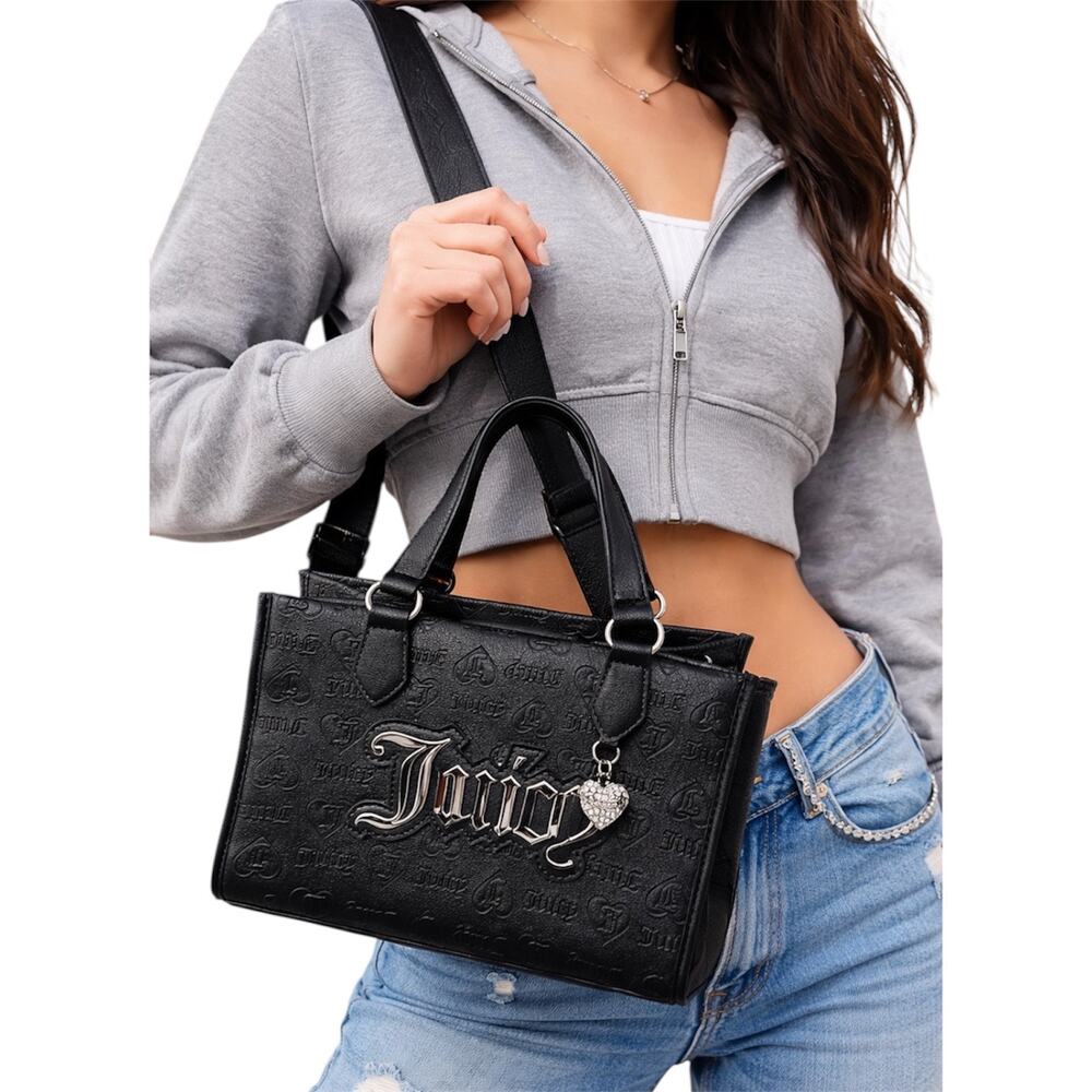 Juicy Couture Black Embossed Logo Satchel Crossbody Bag Heart Charm Purse